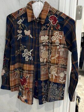 Johnny Was Embroidered Patchwork Button Down Shirt